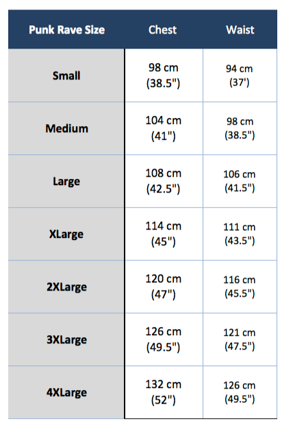 punk rave y-741 size chart