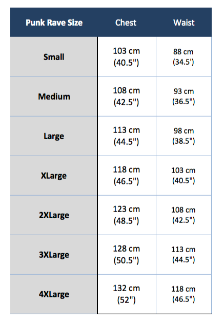 punk rave size chart y-717