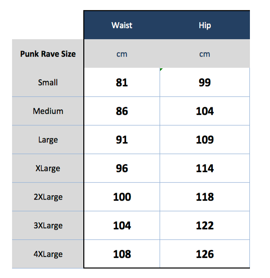 punk rave k-266 size chart