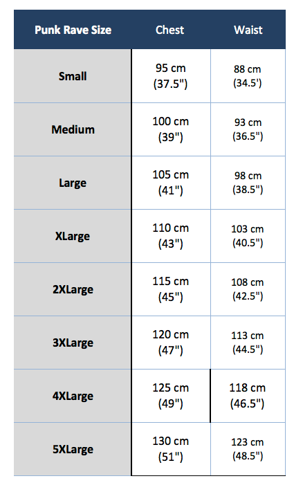 punk rave t-421 size chart