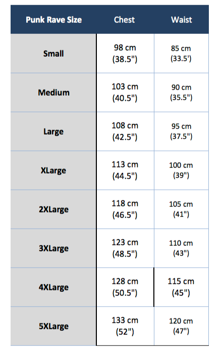 punk rave y-696 size chart