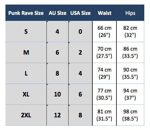 punk rave k-170 size chart