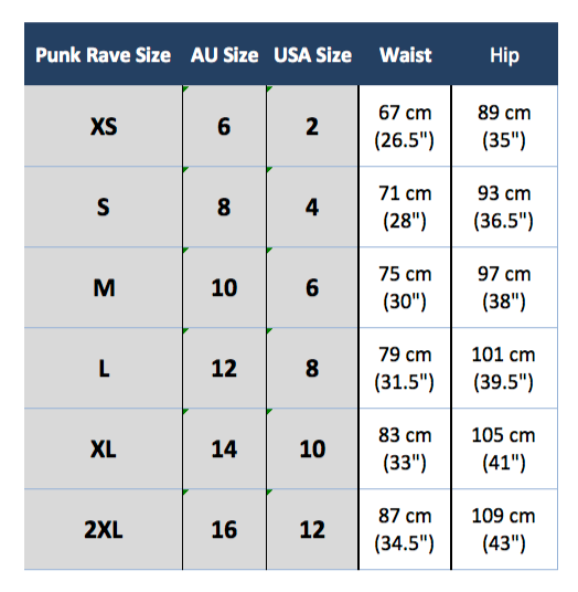 punk rave q-333 size chart