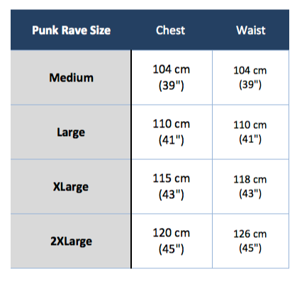 punk rave t-351 size chart