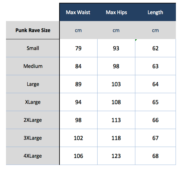 Punk Rave K-242 size chart