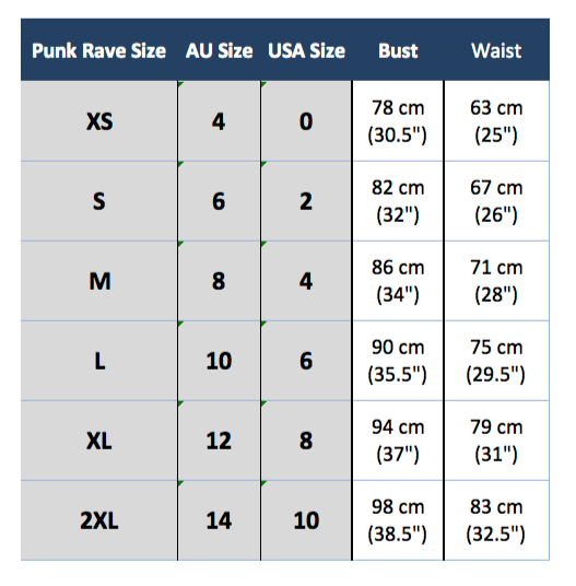 punk rave q-311 size chart