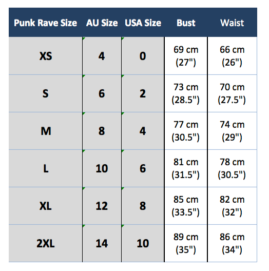 punk rave y-779 size chart