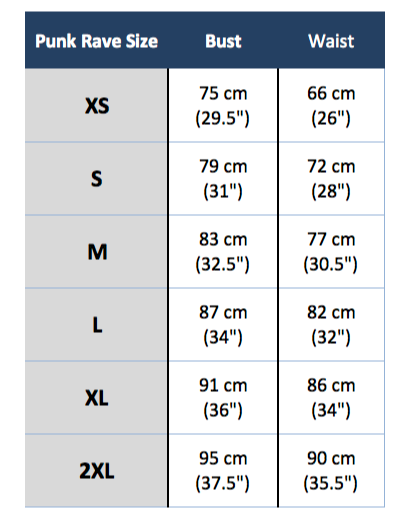 punk rave y-676 size chart