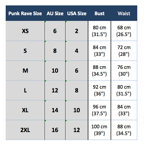punk rave q-290 size chart
