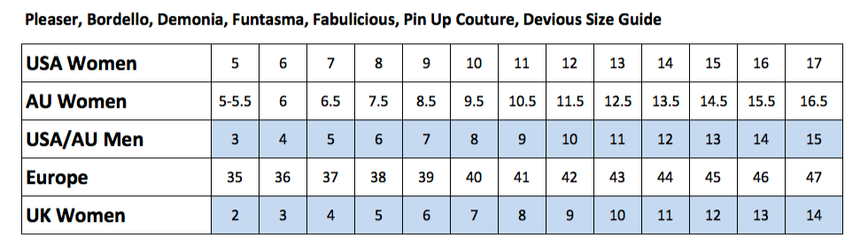 Funtasma size chart