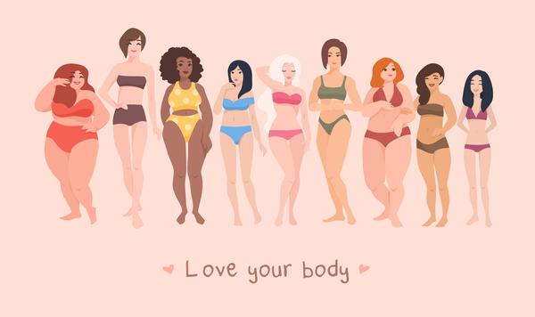 drawing of different shaped women standing - with love your body text