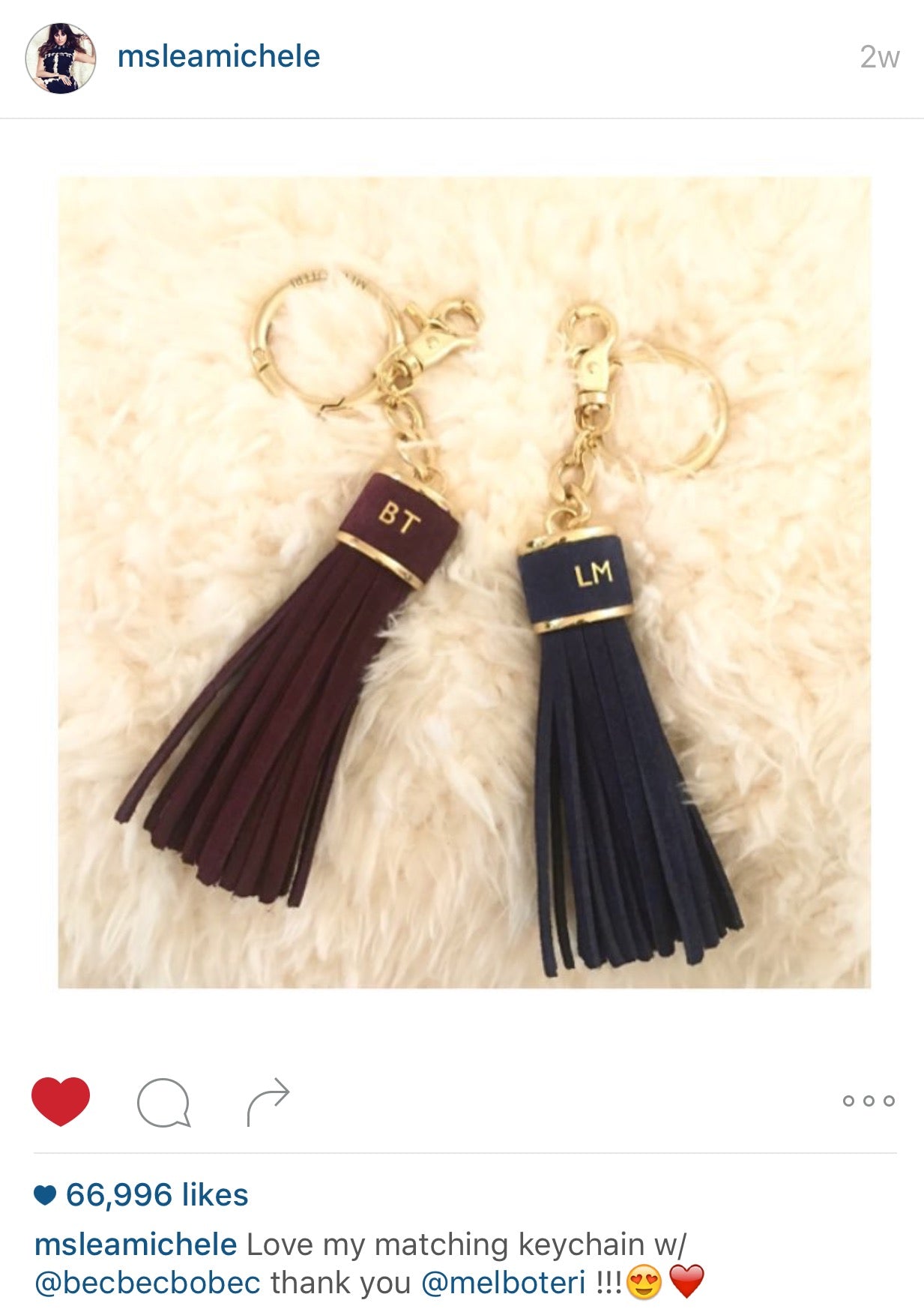 Lea Michele Post About Matching Mel Boteri Custom Tassel Charm With Becca Tobin