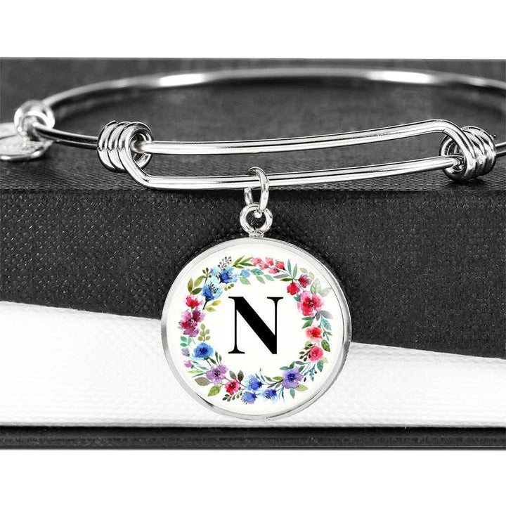 Floral Letter N Initial Bangle Bracelet in 18k Gold or Stainless Steel - Poppies And Thyme