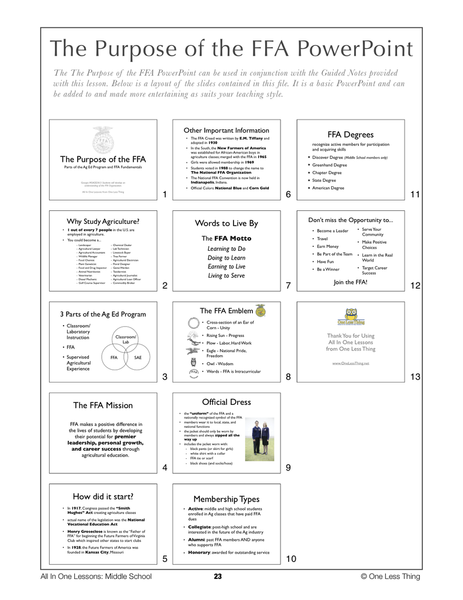 8-02 Purpose the FFA, Lesson Plan Download - One Less Thing