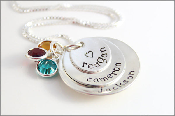 3 Name Stacked Mommy Necklace with Birthstones | Personalized Mom Necklace | Hand Stamped Jewelry