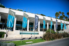 Jacuzzi conference location with flags outside