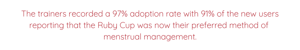 The trainers recorded a 97% adoption rate with 91% of the new users reporting that the Ruby Cup was now their preferred method of menstrual management.
