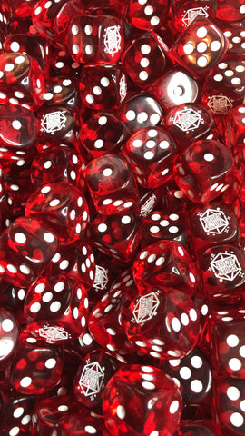 A pile of red translucent six sided dice with a Exit 23 Games Logo in place of the 6
