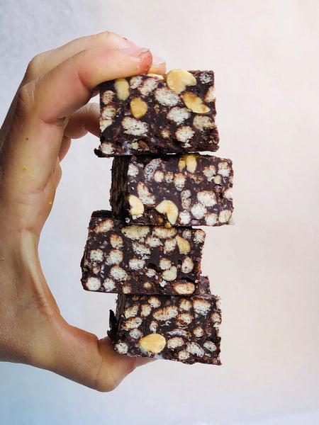 Fudgy Peanut Butter Coconut Crisp Bars | Emmy's Organics