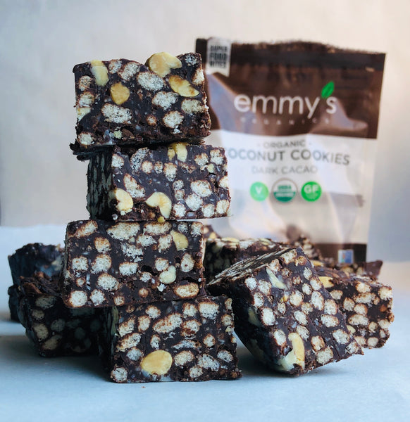 Fudgy Peanut Butter Coconut Crisp Bars | Emmy's Organics