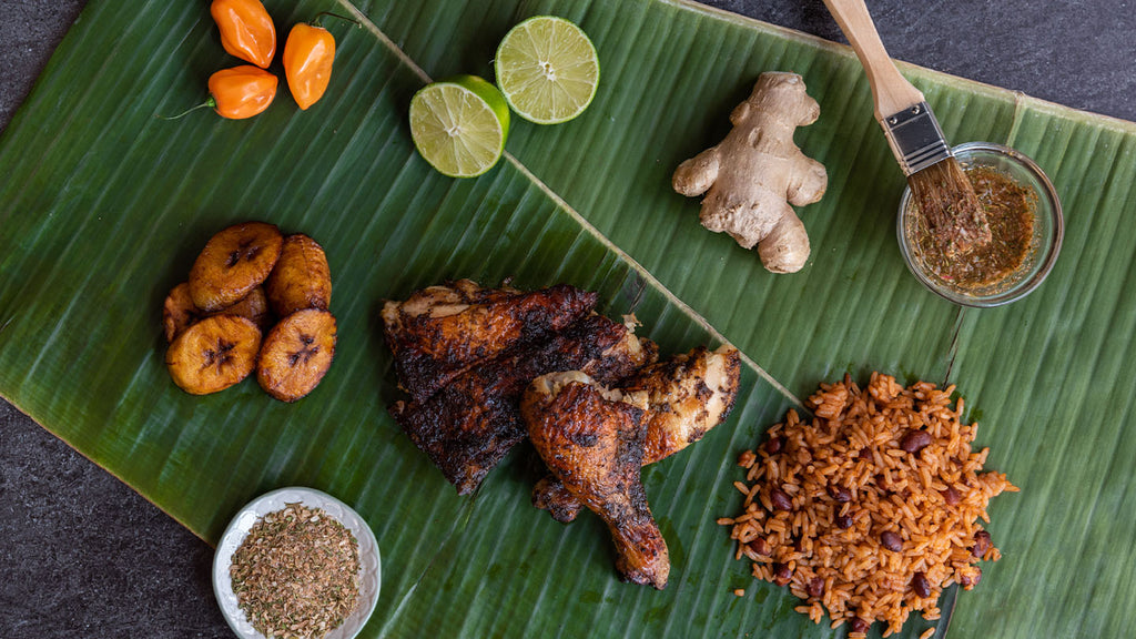 Spicy and sweet Jamaican jerk chicken cooked with rum and spices.