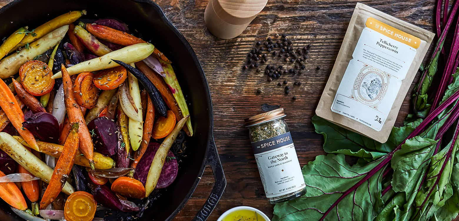 Roasted root vegetables with gourmet spice blend and black pepper.