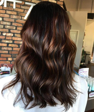 Shimmery sun kissed balayage with honey cinnamon tones