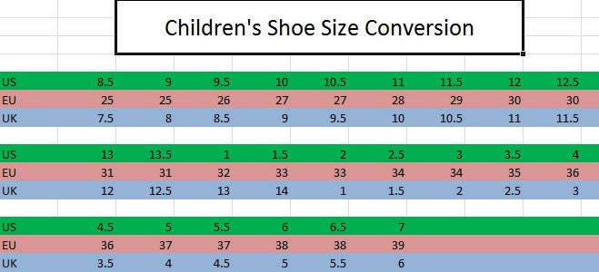 children's shoes sizes conversion table