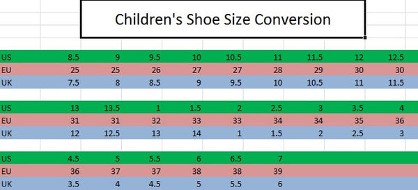 size 28 child shoe conversion