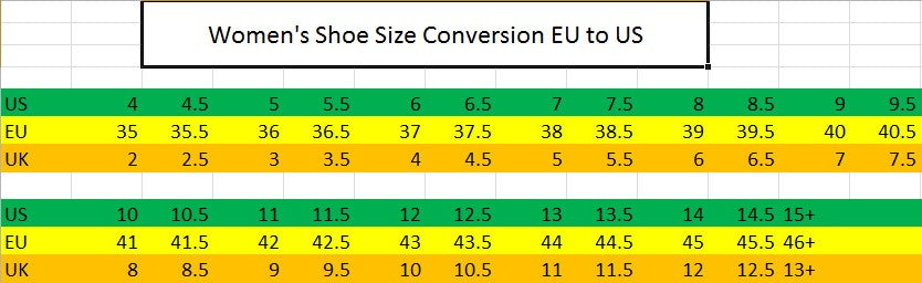 Women's Shoe/Boot Size Conversion Chart 