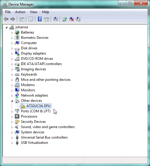 Setup the USB driver. Go to the Device Manager (Control Panel » Hardware and Sound » Device Manager) and find AT32UC3A DFU from the list.