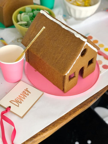 gingerbread house with chalk name tag detail