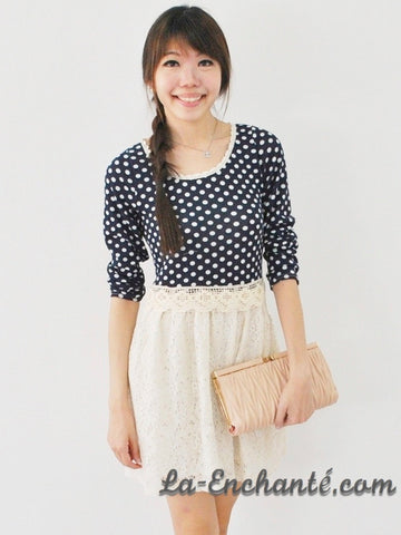 Cynthia Polka Dots Crotchet Frock (Navy Blue)