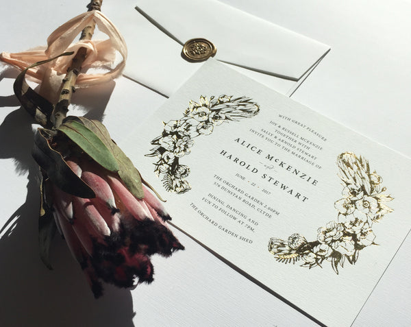 Aureate Wedding Invitation Printed in Gold Foil Press. Smitten With Love
