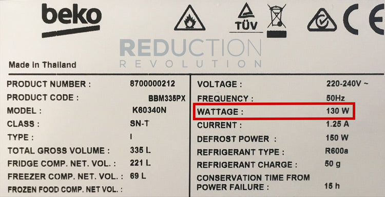 Fridge Power usage in Watts 130W Beko