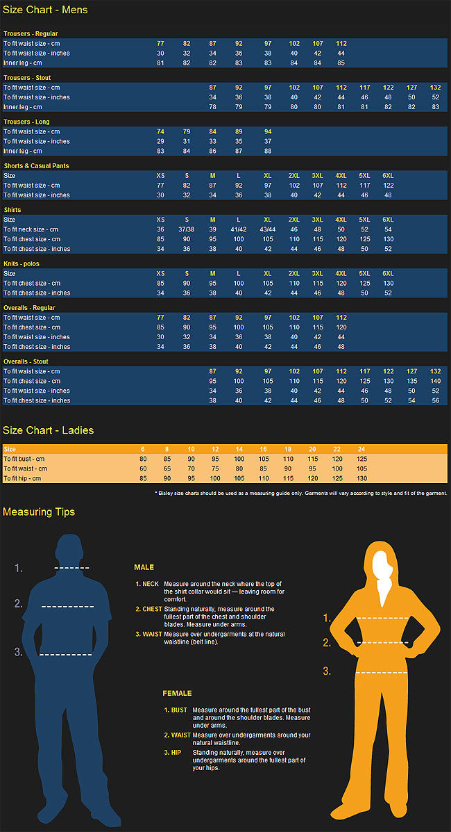 Size Chart BISLEY — Your Workwear