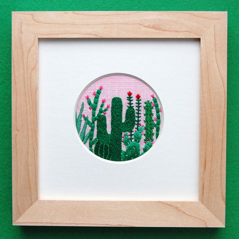 Happy Cactus Designs Hand Embroidered Artwork - Cactus Grouping on Pink Linen
