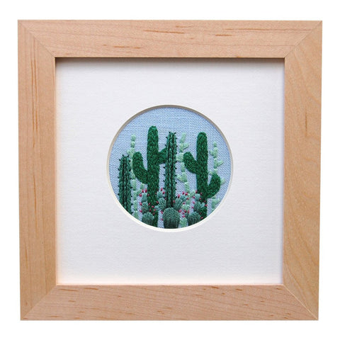 CACTUS GROUPING ON LIGHT BLUE LINEN HAND EMBROIDERED ART by Happy Cactus Designs