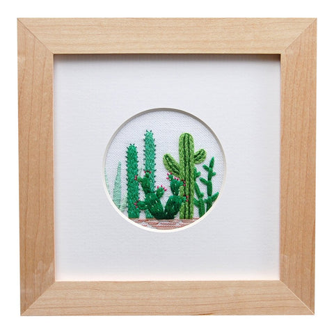 CACTUS GROUPING ON WHITE LINEN HAND EMBROIDERED ART by Happy Cactus Designs