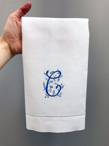 Happy Cactus Designs Hand Embroidering a Monogrammed Linen Guest Towel