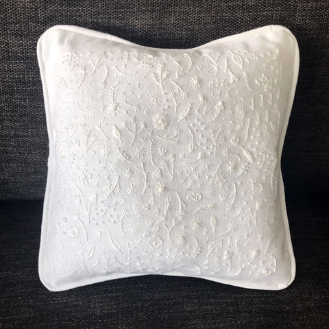 Hand Embroidered White Floral Pillow by Happy Cactus Designs
