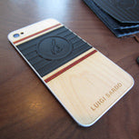 Maple BackBoard iPhone replacement back with Padauk and PU Leather inlay featuring the LS Logo, made for Luigi Sardo Footwear