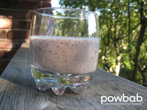 powbab chia seed smoothie with baobab and blueberries