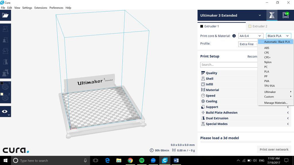 Ultimaker 3 extended 3D printer at Voxel Factory Cura optimized profiles