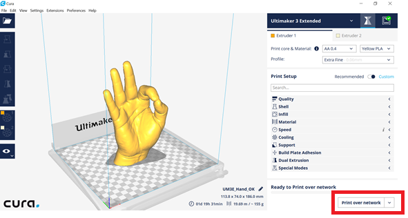 Ultimaker 3 extended 3D printer at Voxel Factory print over network