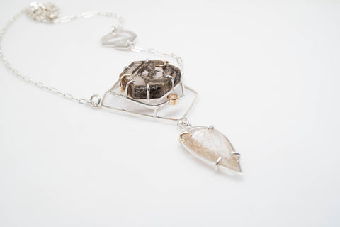 The Fragmentation Necklace - A one-of-a-kind necklace - Handmade with sterling silver, 14k yellow gold, brazilian quartz, rutilated quartz, and natural white diamonds.