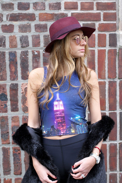 Terez street style in Multi Stitch Leggings and NYC Nights Crop Top