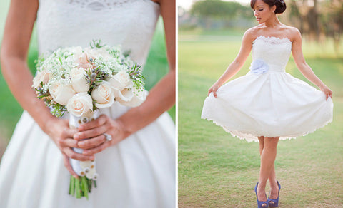 Lilac bridal shoes with short wedding dress