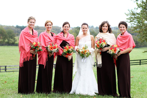 Bridesmaids photo with coral pashmina favours