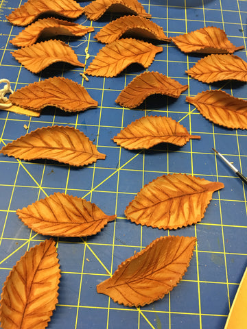 hand-cut leather leaves vegetable tanned